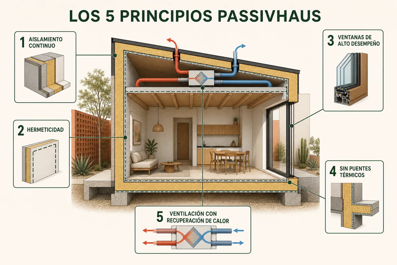 Infographic of the five Passivhaus principles: continuous insulation, airtightness, high-performance windows, no thermal bridges, and heat-recovery ventilation