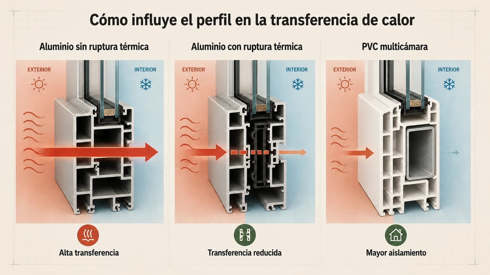 Thermal comparison of aluminum without a break, aluminum with a thermal break, and multi-chamber PVC with steel reinforcement